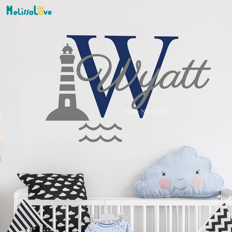 

Индивидуальное название, морская наклейка, персонализированная наклейка для детской комнаты, маяк, Детская Наклейка на стену s BA466