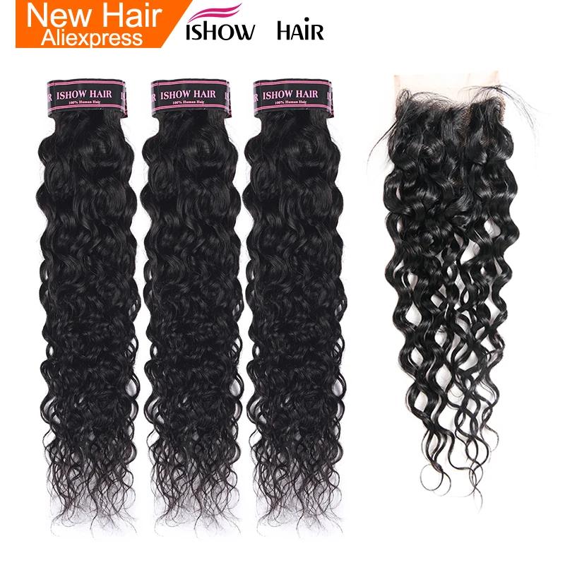 

Ishow Peruvian Human Hair 3 Bundles Water Wave With Closure Free Middle Part Non Remy Hair Extension Natural Color Hair Bundles