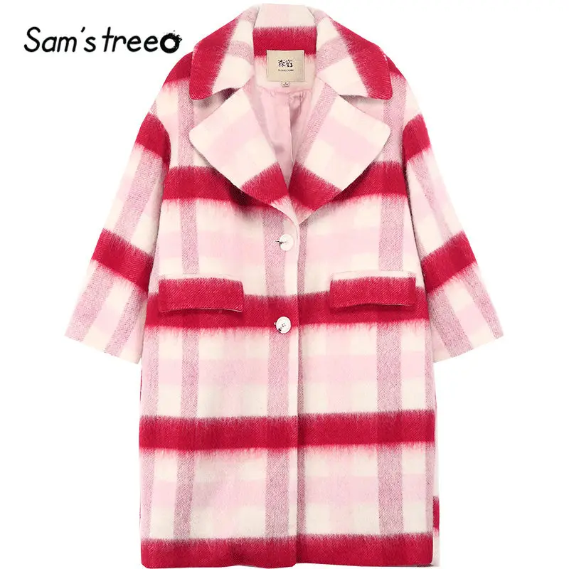 SAM'S TREE/красное клетчатое однобортное шерстяное Женское пальто с графикой Brit, зимняя Корейская женская верхняя одежда с рукавом три четверти
