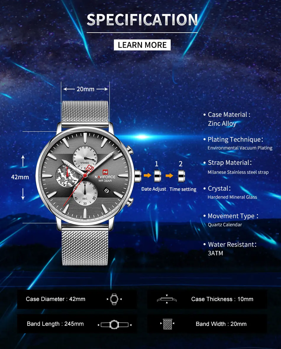 Naviforce, спортивные мужские часы, люксовый бренд, нержавеющая сталь, сетчатый ремешок, кварцевые часы, хронограф, мужские наручные часы, часы для мужчин, Relog