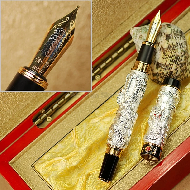 Jinhao Ancient Double Dragon Playing Pearl, Metal Carving Embossing Heavy Pen Silver For Writing Fountain Pen With Gift Box