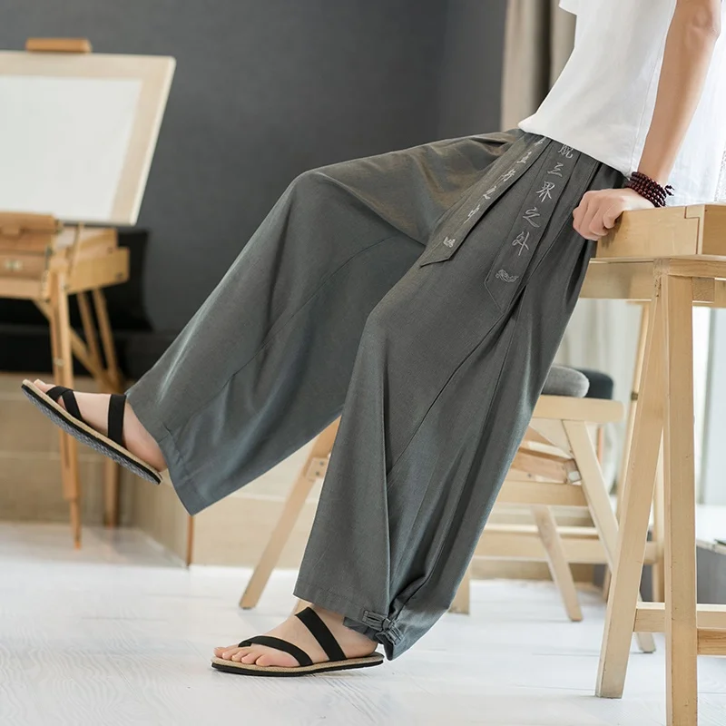 Men Cotton Linen Wide Leg Pants Summer Harajuku Male Streetwear Harem Pants Man Chinese Style Hanfu Kongfu Trousers Skirt 31121