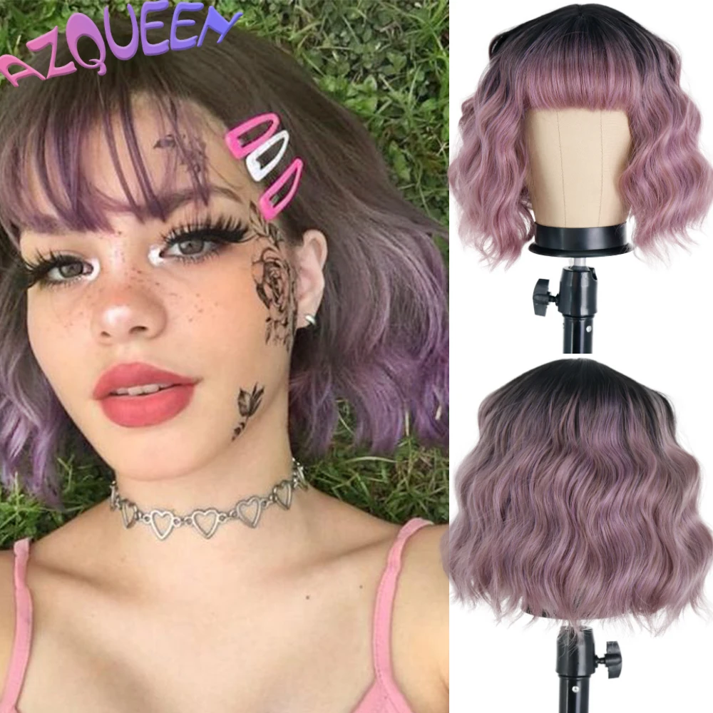 Short Wavy Wig with Bangs Black Ombre Purple Synthetic Wigs for Women Natural Hair Bob Heat Resistant Fiber |