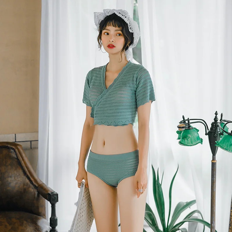 

South Korea Knitted INS-Style Conservative Slimming Bandage Cloth Split Type Short Sleeve Hollow out Holiday Hot Springs Bikini