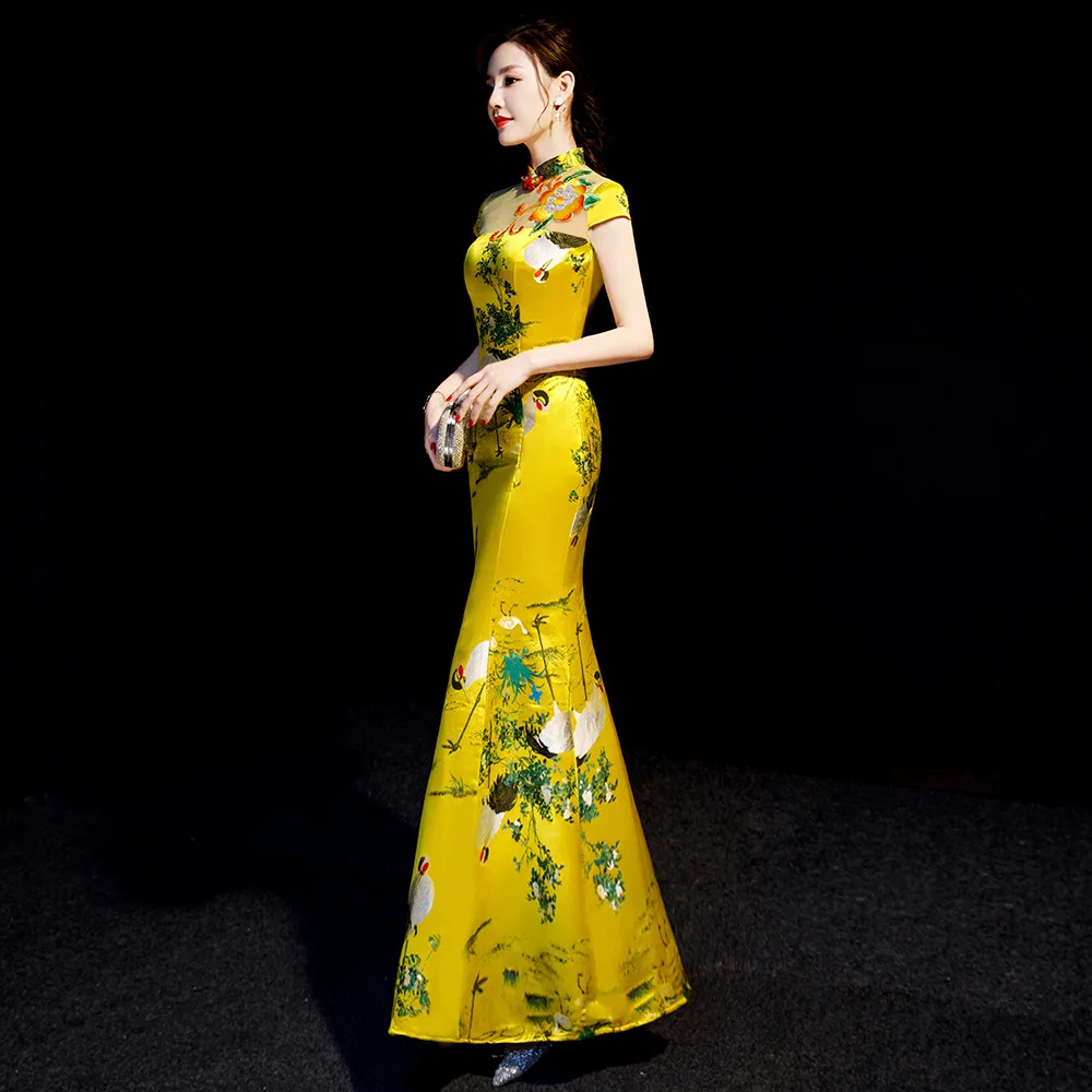 Желтый китайский стиль женские свадебные Cheongsam ретро сексуальные тонкие вечерние платья свадебное платье Qipao Мода Леди Vestido S-XXL