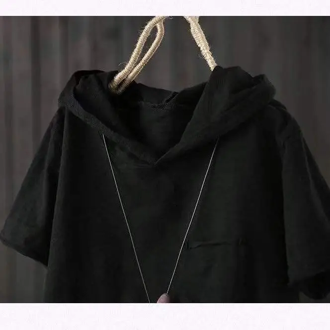 Women's Hooded T-shirt 2025 Original 95% Cotton Summer New Style Loose Cotton Short-sleeved Literary Hole Casual Women Clothing 6