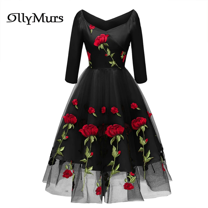 

Black Prom Dresses LR872 Elegant Square Collar Prom Dress Embroidery Floral Vestidos De Fiesta A Line Women Party Gowns