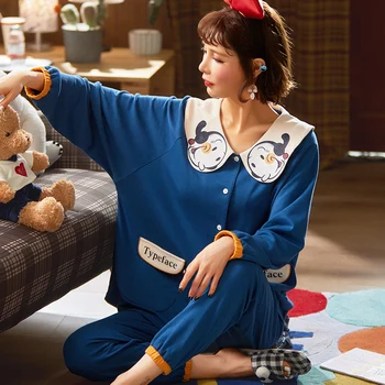 

Plus Size 3XL Women Sleepwear Cartoon Nightgown Spring Fall Pyjamas Long Sleeve THIN Cotton Nighty Lapel Loose Version Pajamas