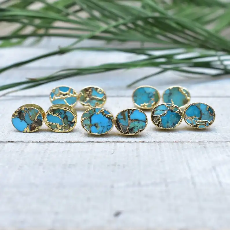 

Oval Mosaic Turquoises Studs Earrings Turquoises Jewelry Raw Stone Studs Gold Everyday Earrings Gold Stud ER27806
