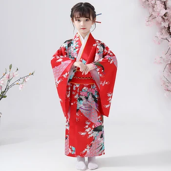 

Costumes Japanese children's kimono Gowns Red girls ethnic yukata students chorus performance dance performance costumes