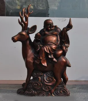 

wedding decoration 21"Chinese Buddhism Bronze Ride Deer yuanbao Wealth lucky Maitreya Buddha Statue