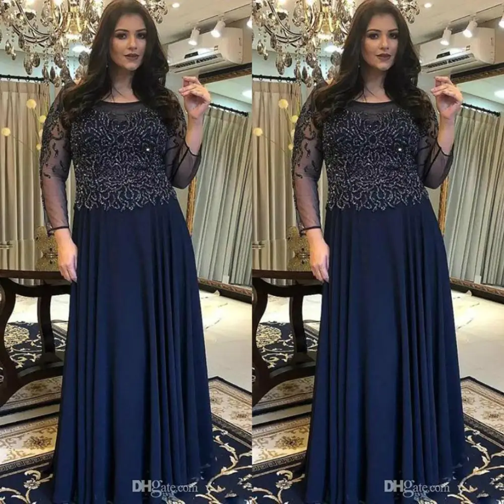 

Elegant Mother of the Bride Dresses Jewel Long Sleeve Floor Length Beads Chiffon Mother Wedding Guest Gowns 2020 Evening Dress