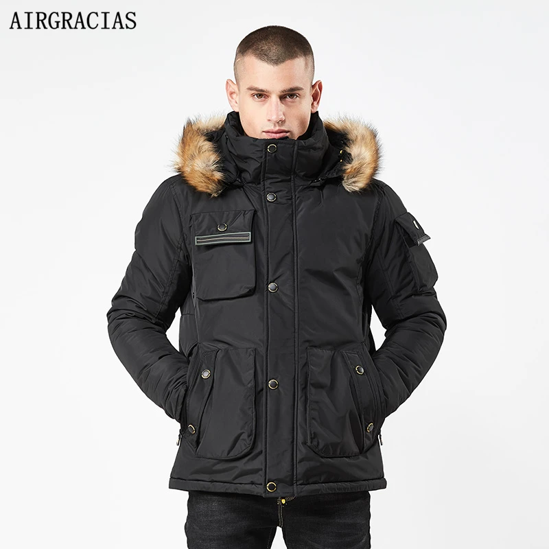 

AIRGRACIAS 2019 Men Winter Jacket Hat Detachable Warm Coat Causal Parkas Cotton Padded Winter Fur Collor Jacket Men Clothes