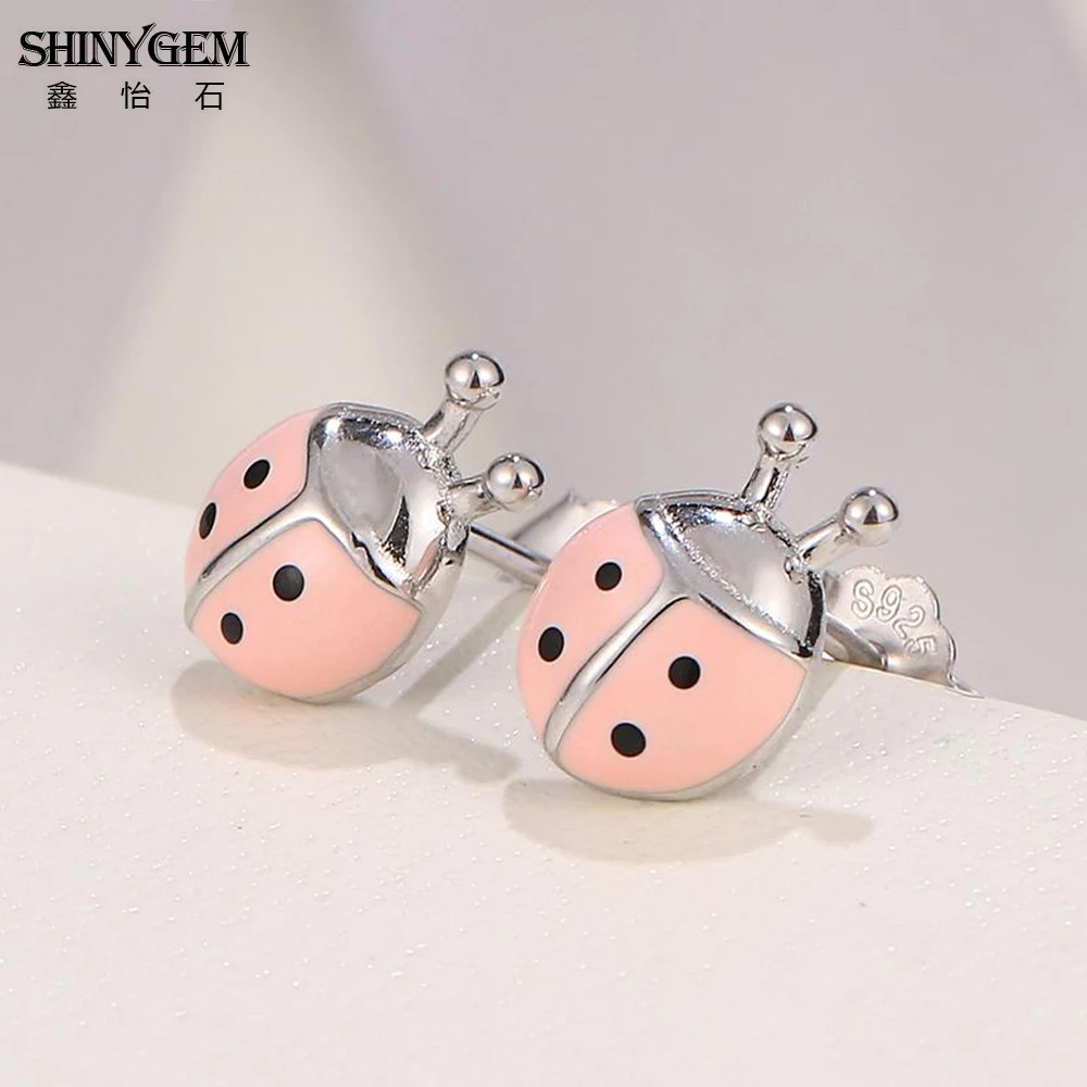 ShinyGem Fashion 9mm Exquisite Small Cute Ladybug Stud Earrings Pink/Red Charm Insect Ladybug Style Earrings For Women Girl Gift