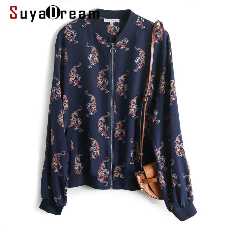

SuyaDream Women Silk Jackets 100%Silk Print Zip-up Sweatshirts 2020 Spring Autumn Navy Elegant Outwear