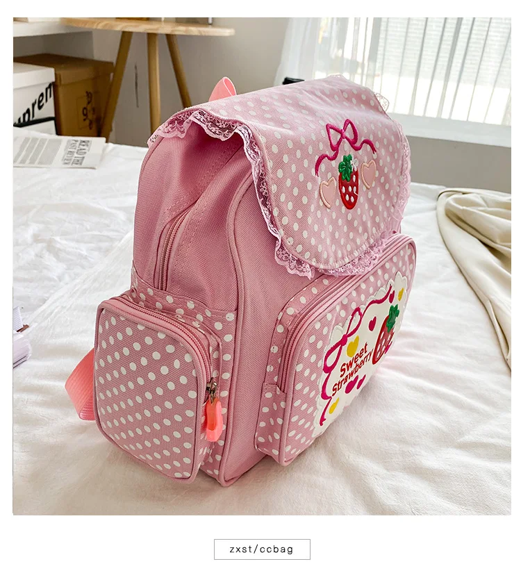 New Japanese Style Cartoon Strawberry Embroidery Schoolbag Student Girls Lolita Lace Backpack