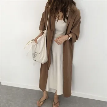 

Women Vintage Long Blouse Large Size Loose Turn Down Collar Single Breast over the knee sunscreen cardigan coat Fashion Outwear