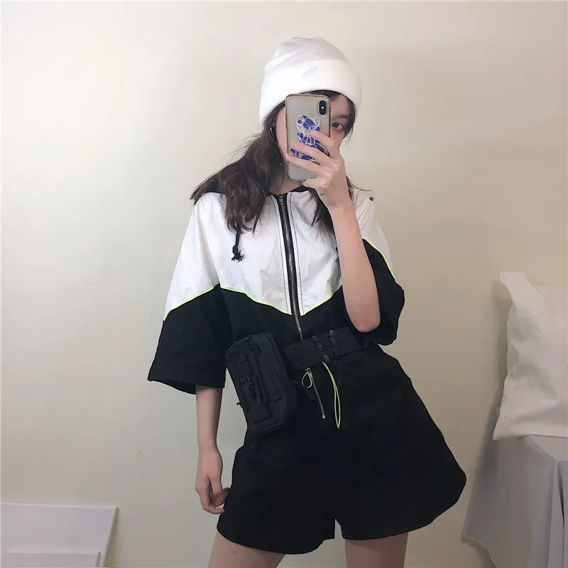 Женский Повседневный комбинезон на молнии с капюшоном в стиле пэчворк Свободный комбинезон с коротким рукавом на шнуровке