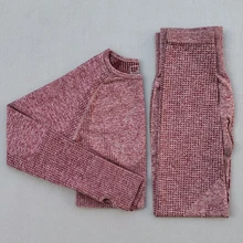 Женский комплект для занятий йогой с длинным рукавом, тренировочная одежда для спортзала, укороченный топ для фитнеса+ Бесшовные Леггинсы с высокой талией, спортивный костюм из 2 предметов