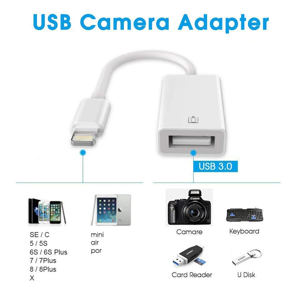 USB адаптер камеры, USB Otg кабель Мужской 8 Pin к USB Женский адаптер совместим с телефоном 6 7 8 X, для lightning iOS 13 разъем