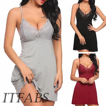 

Slim Women Lace Lingerie Sleepwear Night Mini Dress Deep V Neck Hot Erotic Strap Nightie Nightgown