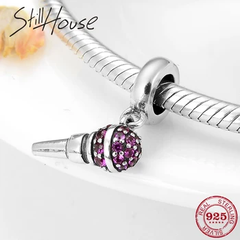 

Hot 925 Sterling Silver Microphone Pink CZ Charms Beads Fit Original Pandora Charms Bracelet Bangles DIY Jewelry making