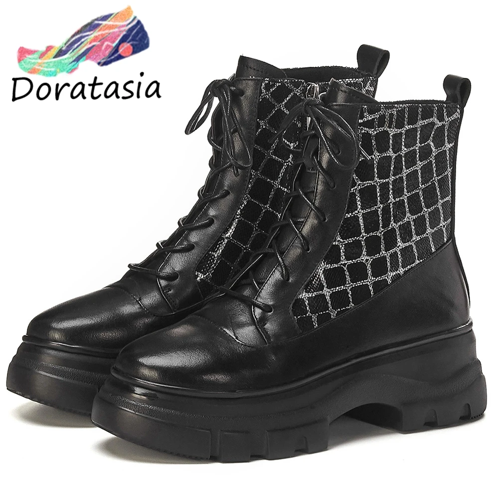

DORATASIA New Girls High Platform Booties Ladies Genuine Leather Ankle Boots Women 2020 Fretwork Wedges Shoes Woman