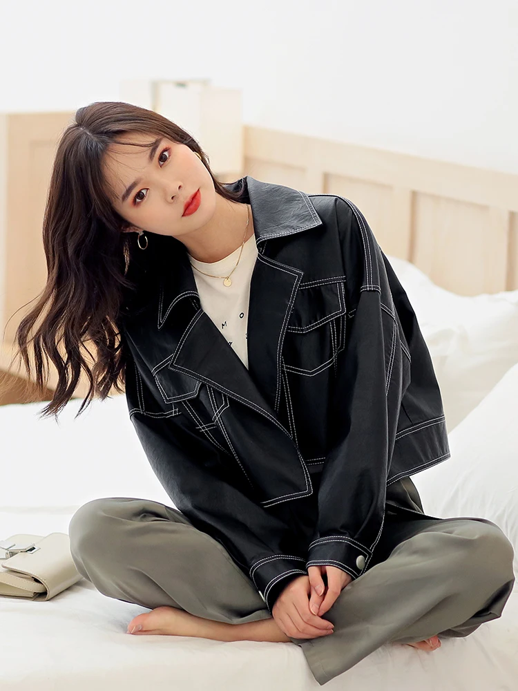 

Куртка женская кожаная с поясом, черная Свободная куртка из искусственной кожи, пальто с лацканами, куртка на весну-осень