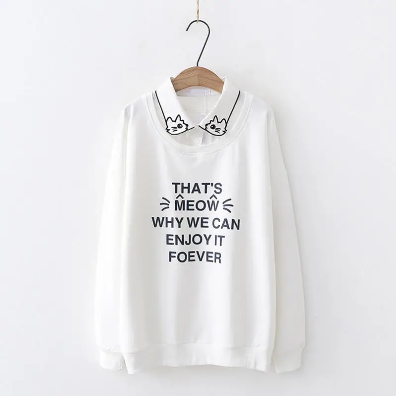 

Lolita Autumn Winter Pullover Cartoon Kawaii Cat False Two Pieces Hoodies Turn-down Collar Student Girls Female Casual Tops