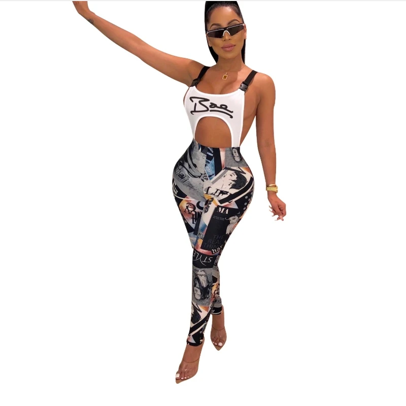 

Backless Bodycon Bodysuit Cut Out Suspenders Letter Cartoon Printed Rompers Womens Jumpsuit Sexy Graffiti Painting Leotard 2019