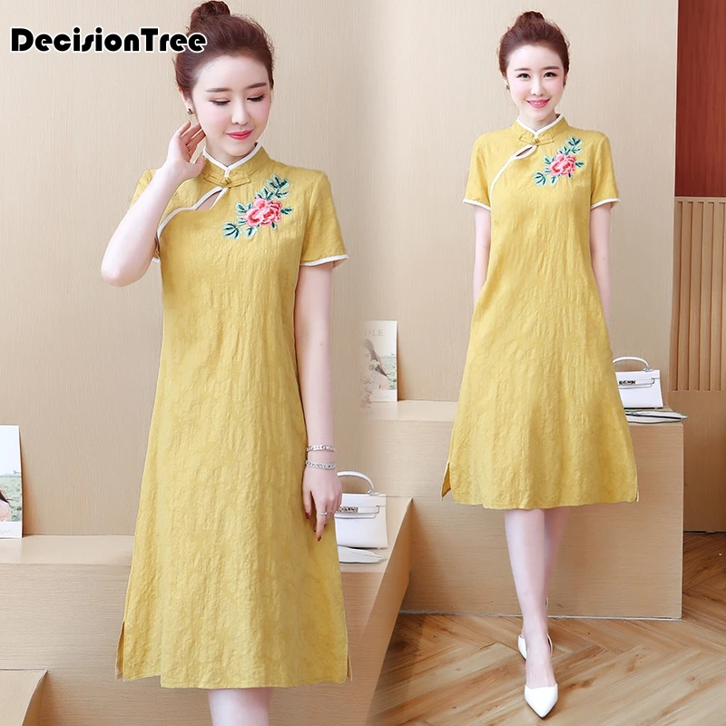 Китайское платье cheongsam qipao vestidos mujer женское хлопковое и льняное платье cheongsam qipao с цветочным принтом китайское традиционное платье