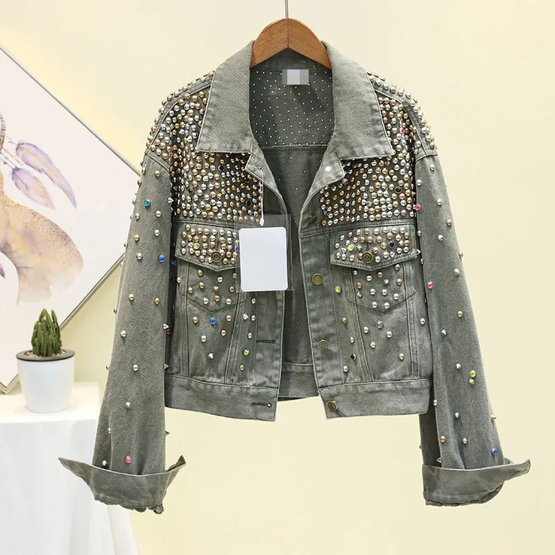 Autumn Short Denim Jacket for Women New Hand-studded Rivet Diamond Jeans Jacket Female Loose Coat Casaco Feminino