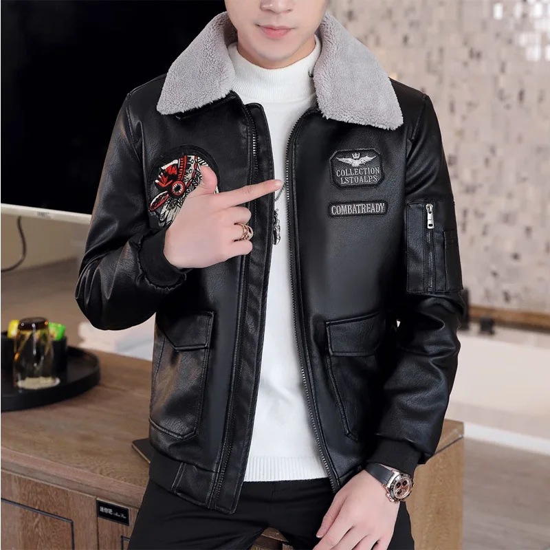 

Young and Middle-aged Leather Jacket Men's Jacket Men's Motorcycle PU Leather Jacket Loose Lapel PU Fur One with Cotton Jacket