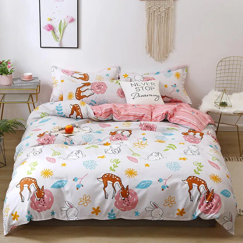 

Deers and Flowers Print Duvet/Blanket Cover Set Flat Sheet Pillow Cases 3/4Pcs Bedding set