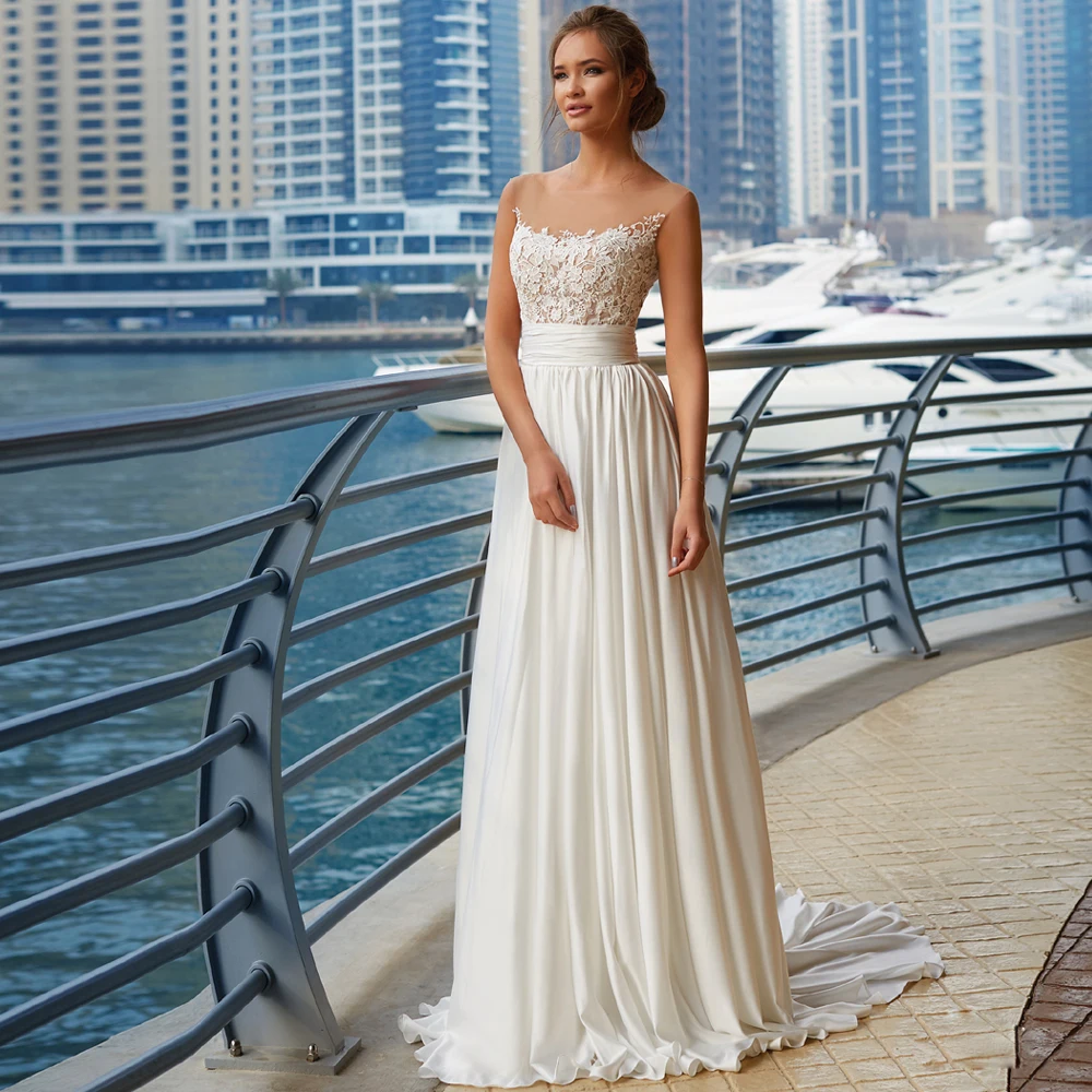 Простое свадебное платье с прозрачной горловиной аппликацией Vestido De Noiva