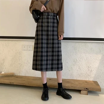 

2020 Plaid Wool Midi Skirt Women High Waist Side Split Soft High Quality Long Skirt Blend Bodycon Midi Skirt