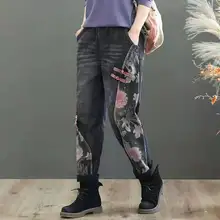 Осень-зима, женские джинсы с цветочным принтом, свободные, Ретро стиль, флис, плотные джинсовые штаны,, эластичная талия, поцарапанные, повседневные, на пуговицах, шаровары