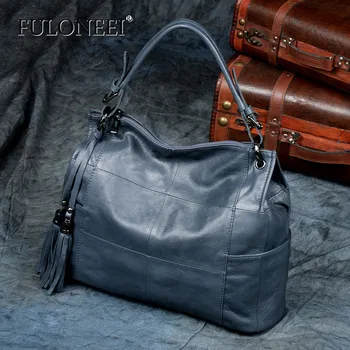 

Natural Cow Leather Beautiful Tassels Women's Handbag Casual Women Shoulder Bags Elegant Genuine Leather Patchwork Totes