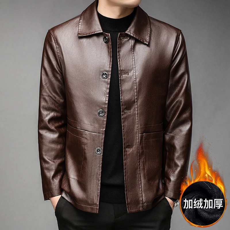 leather racer jacket Fleece Faux Leather Jacket Men's Winter Business Thick Leather Jacket Leisure Locomotive Warm and Windproof Faux Leather Coat distressed leather jacket