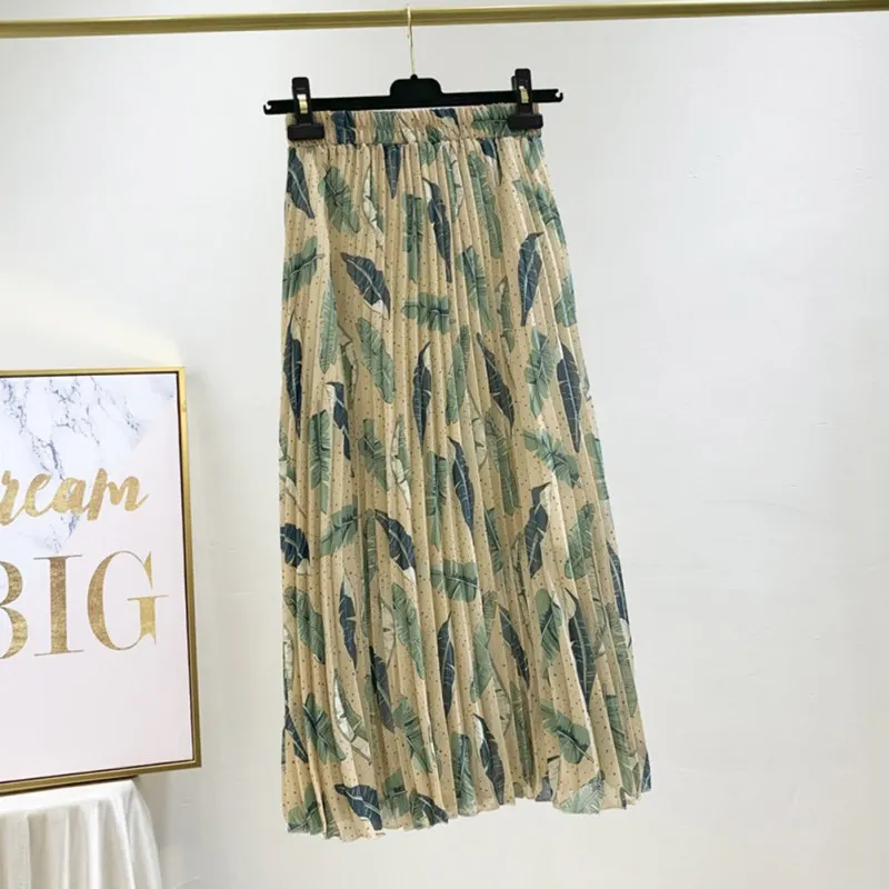 Women Skirt Vintage Literary Style Skirt Waist Pleated Long Paragraph Skirt Casual Floral Print Elastic Skirt