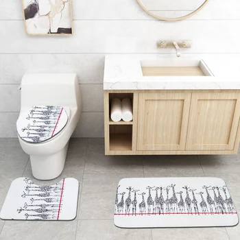 

4pcs Toilet Cover Practical Pedestal Rug Home Bathroom Decor Printed Polyester Fabric Bath Mat With Hooks Shower Curtain Set