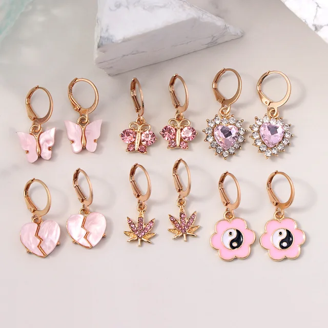 Flatfoosie 5Pair Pink Blue Heart Butterfly Drop Earrings Set For Women Boho Cute Star Moon Eye Dangle Earring 2022 Trend Jewelry 154301PK