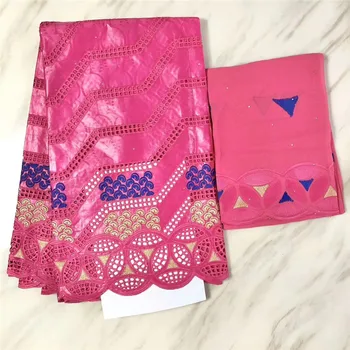 

High Quality New Arrival African Red Bazin Riche Getzner Fabric With Embroidery Lace African Gold Line Lace Fabric 5+2Yard