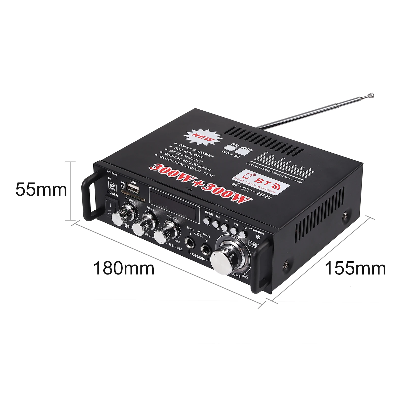 Proster 600W Bluetooth Stereo Audio Amplifier Car Home HiFi Music SD USB FM 12V/220V 80W + 80W Car