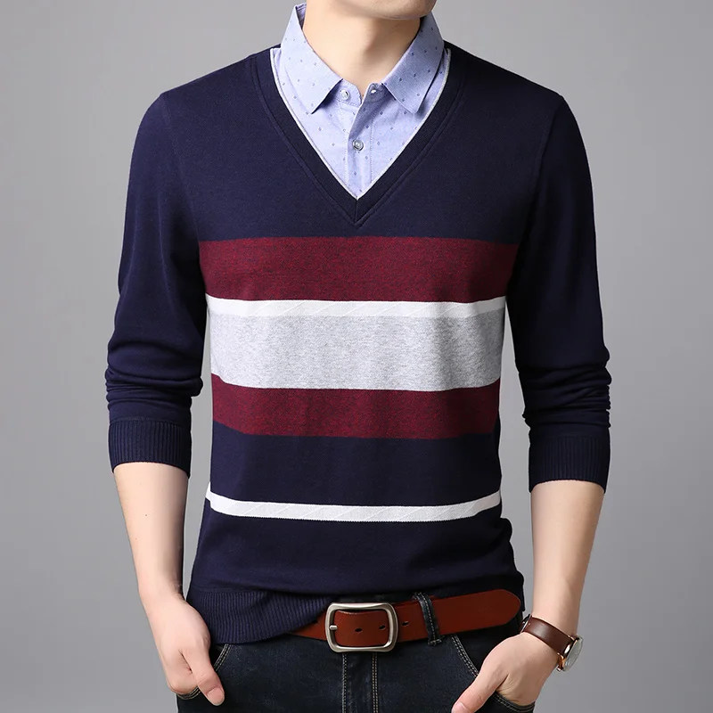 Men autumn winter fake two-piece long-sleeved stitching stripes contrast color slim pullover sweater thick knit warm pullover Men autumn winter fake two-piece long-sleeved stitching stripes contrast color slim pullover sweater thick knit warm pullover