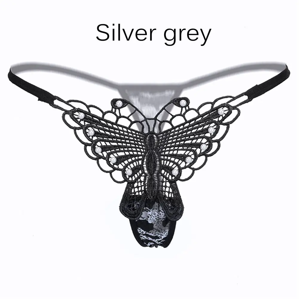 silver grey Прозрачное кружевное белье кружевные трусики с открытой промежностью эротические стринги женские с рисунком бабочек и цветов Нижнее белье Ночное нижнее белье - Цвет: silver grey