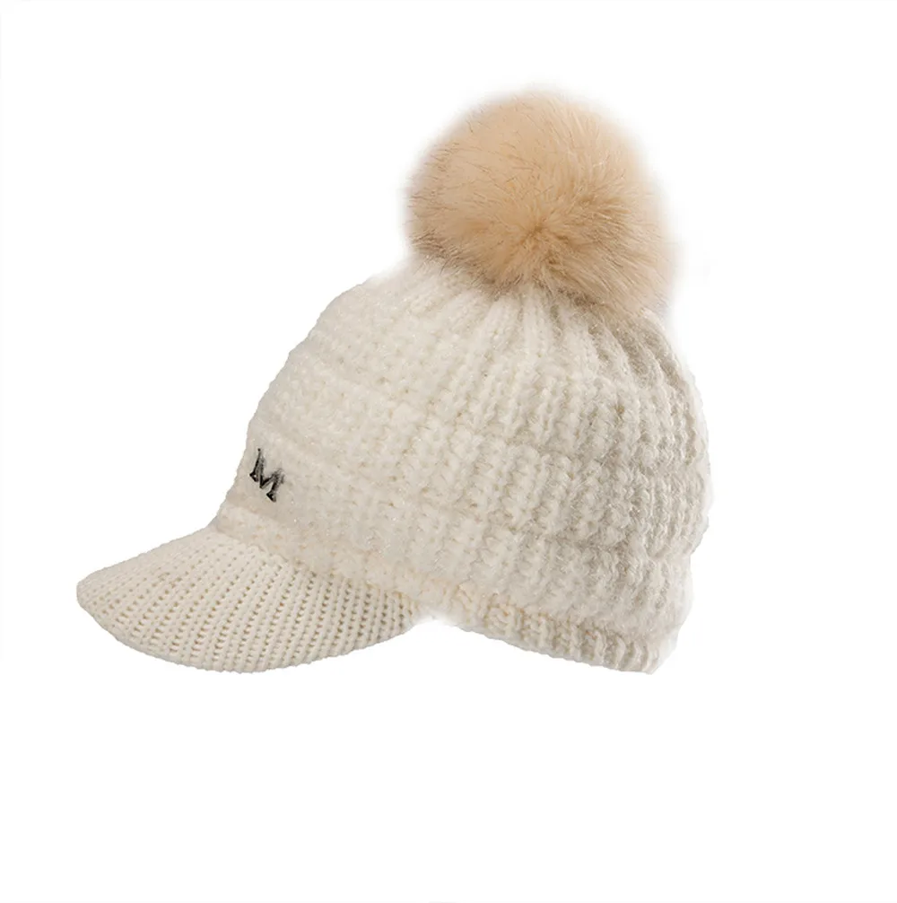 Женская шапка, осенняя и зимняя новая модная удобная женская Зимняя кепка, одноцветная шапка с ушками, громоздкая шапка с помпоном, теплая шапка - Цвет: Белый