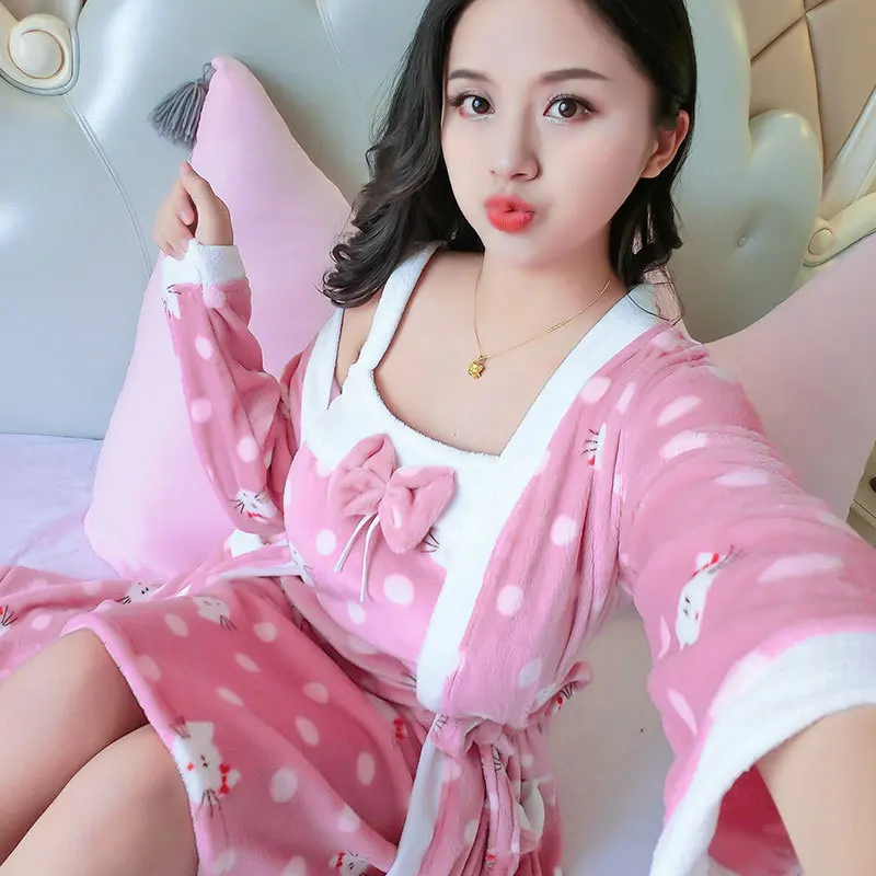 

Autumn And Winter New Style Women's Flannel Two-Piece Set Women's Robes KT Cat GIRL'S Nightgown Winter Cartoon Casual Tracksuit