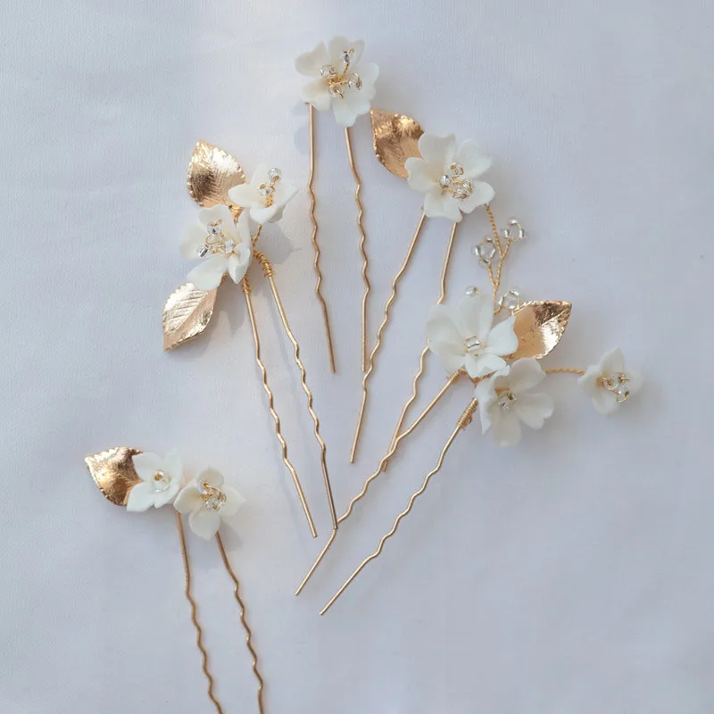 Floralbride Alloy Leaf Crystal Rhinestone Ceram Flower Bridal Hair Comb Hair PIn Stickers Wedding Hair Accessories Women Jewelry
