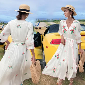 

COIGARSAM National Wind Embroidery Women Long dress New Belt High Waist Dresses White 6101